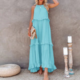 MQTIME  -  Women Boho Solid Color Dress Sleeveless Ruffled Maxi Vestidos Loose Fit Straight Hippie Dresses Layered Princess Robe