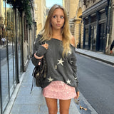 MQTIME  -  Autumn /Winter Lazy Style Contrasting Stars Slanted Shoulder Loose Sweater Spicy Girl T-shirt Off Shoulder Long Sleeved Warm Top
