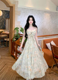 MQTIME  -  Summer Floral Printed Long Dress Women Patchwork Lace Chiffon Fairy Dress Casual Gold Stamping Bow Tie Suspender Dress