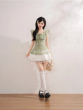  MQTIME  -  Vintage Japanese Square Collar Short Sleeve Solid Lace Patchwork Bow Women Blouse