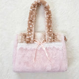 MQTIME  -  Sweet Utility Tote, Plush Deer Spot Bag With Lace Bow, Lolita Style Large Capacity Crossbody, Brown Pink Soft Shoulder Bag