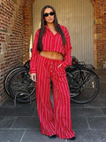 MQTIME  -  Striped Shirts Pants Sets Women 2 Pieces Single Breasted Long Sleeve Lapel Shirt Wide Leg Trousers Suits 2025 Summer Vacation