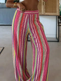 MQTIME  -  Rainbow Color Knitted Striped Pants Women Wide Leg Hollow Out Striped Loose Trousers 2025 Autumn Fashion Vacation Street Pants