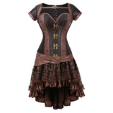 MQTIME  -  Vintage Corset Overbust Leather Bustier Top With Asymmetric Floral Skirt Pirate Costume Women Steampunk Gothic Corset Dress