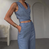 MQTIME  -  Summer Women Office Fashion Solid Sleeveless V Neck Irregular Solid Pullover Vest Top Loose Straight Pants Set Streetwear