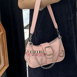  MQTIME  -  Retro American Style Y2k Metal Rivets Large Capacity Armpit Bag Super Cool Pu Pink Storage Bag Women Bags Single Shoulder Bag
