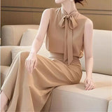 MQTIME  -  Luxury Women's Party Outfit Summer New Elegant Lace Up Sleeveless Top+High Waist A-Line Skirt 2-Piece Set Office Lady Suit 116B