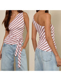 MQTIME  -  Women s Striped One Shoulder Tank Top with Tie-Up Waist and Sleeveless Design - Chic Streetwear Aesthetic Vest for Casual Wear