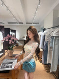 MQTIME  -  New Korean Fashion Sexy Blue Polka Dot Lace Bow Shiny 2pcs Set Sheer Blouse Bodycon Mini Skirt Women Girls Dailywear Clubwear