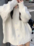 MQTIME  -  Women's Knitting Sweater Autumn Winter White Brown Thick Brown Knit Cardigan Loose Knit Retro Outerwear Sweater