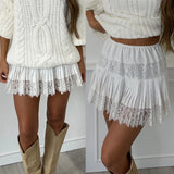 MQTIME  -  Women's Lace Mini Skirts Casual Low Waist Solid Color Loose Fit Pleated Skirts Summer A-line Skirts