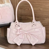 MQTIME  -  Sweet Utility Tote, Plush Deer Spot Bag With Lace Bow, Lolita Style Large Capacity Crossbody, Brown Pink Soft Shoulder Bag