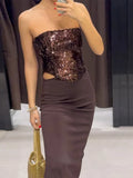 MQTIME  -  Elegant Brown Glitter Sequins Maxi Vestido Women Sleeveless Off Shoulder Strapless Drop Waist Slim Fit Dress 2025 New Party Wear