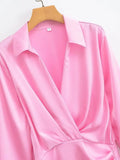 MQTIME  -  Women Long Sleeve Lapel Dress Solid Color Summer Fashion Streetwear Female Pleated Dresses Office Lady Elegant Shirt Dress