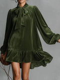  MQTIME  -  Spring Autumn Long Sleeve Elegant Velvet Bow Mini Dress Women's Clothing Casual Party Work Evening Office Lady Dresses