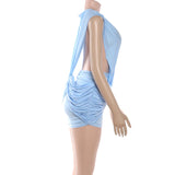 MQTIME  -  Light Blue Plunge Neck Slim Mini Dress Women Ruched Twist Front Bodycon Party Club Dress Summer Fashion Sexy Cocktail Gown