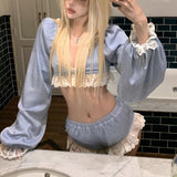 MQTIME  -  Personality Spice Girl Sexy Cute Two Piece Sets Y2k Splcied Lace Seep V Neck Long Sleeve Crop Tops Harajuku Stretch Waist Shorts