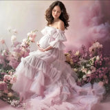 MQTIME  -  Pretty Ruffles Mesh Maternity Dress Elegant Pink Off-Shoulder Party Gown for Pregnant Women Floral Photography Baby Shower Dress