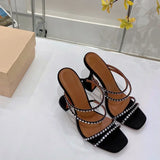 MQTIME  -  Square Sandals Women's Summer Roman Women's Shoes with Open-toed Rhinestone Slippers Women