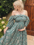 MQTIME  -  Boho Floral Maternity Dress Photography Backless Half Sleeve Ruffle Maxi Gown for Pregnant Women Gender Reveal Party Outfit