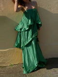 MQTIME  -  Summer Leisure Vacation Long Dress Elegant Sling Layered Satin Party Dress New Ladies Sleeveless Hollow Beach Maxi Dresses