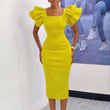 MQTIME  -  Summer New Elegant Bodycon Dresses Women Square Neck Ruffles Sleeve Sheath Package Hips Business Work Dresses