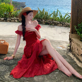 MQTIME  -  Summer Red Embroidery Eyelet Maxi Dress Women Square Neck Ruffle High Low Hem Long Dress Elegant Beach Vacation Sundress