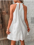 MQTIME  -  Fashion Hollow Out Lace Dress Sleeveless Halter Mini Dress Embroidery Cotton White Dress Round Neck Summer Vestidos
