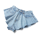 MQTIME  -  New Summer Fashion High Waist Ruffle Hem Denim Shorts Skirt Y2k Loose Ruched Short Light Blue Denim Washed Female Bottoms Zipper