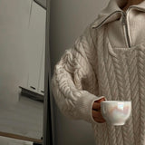 MQTIME  -  Warm Zipper High Collar Fried Dough Twists Sweater Loose Casual Pullover Knitted Long Sleeve Top Versatile Simple Women's Wear