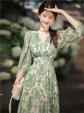 MQTIME  - Women's Vintage Floral Print V-Neck Dress Female One-Piece Clothes French Lady A-Line Elegant Chic Maxi Dresses New 2024