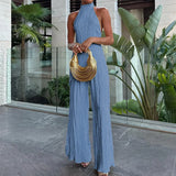 MQTIME  -  Sleeveless Fashion Solid Two Pieces Outfit, Women Summer Half High Collar Elegant Matching Sets, Backless Patchwork Ladies Suits