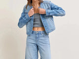 MQTIME  -  Autumn New Women's Slim Fit Short Style Collarless Long Sleeved Denim Jacket with Multiple Pockets Workwear Jacket