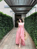 MQTIME  -  Chic Backless Maxi Dresses Women Print Sexy V Neck Suspender Irregular Ruffles Vestidos Beach Vacation Elegant Dresses