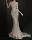 MQTIME  -  Champagne Sequin Evening Dress Off Shoulder Floor Length Temperament Tassels Luxury Fishtail Formal Mermaid Wedding Prom Gown