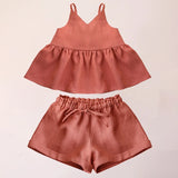MQTIME  -  Girls Ramie Cotton V-Neck Camisole Suit Summer Vacation Baby Girl Sleeveless Top + Elastic Waist Shorts Two-Piece Set Clothes