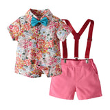 MQTIME  -  Boy's Summer Suit Printed Flower Short-sleeved Shirt and Strap Shorts with Bow Tie Pure Cotton 2-8 Years-old Boy 70-130cm