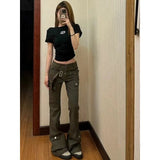 Mqtime American Retro Multi-pocket Casual Denim Cargo Pants Women 2024 Spring New Low Waist Sexy Slim Wide Leg Pants with Belt