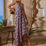 MQTIME  -  Vintage Pattern Print Loose Irregular Long Dress Women Spring V Neck Halter Boho Maxi Dress Summer Backless Vacation Beach Dress