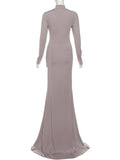  MQTIME  -  Women Ruched Maxi Dress Elegant Irregular Button Half High Collar Simple Evening Birthday Party Stretch Slim Bodycon