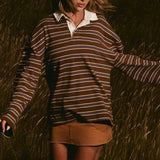 MQTIME  -  Women Y2K Vintage Retro Sweatshirts Long Sleeve Lapel Button V-Neck Pullover Top Loose Striped Rugby Pol0 Tee Shirts
