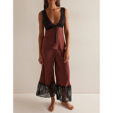 MQTIME  -  Womens 2Pieces Lace Patchwork Satin Outfits Set Y2k Going Out Sleeveless Tied Open Back Camis+ Long Pants Loungewear