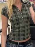 MQTIME  -  American Vintage Plaid Print Turn Down Collar Short Sleeve Slim Single Breasted Basic Women Shirt