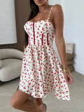 MQTIME  -  New 2025 Floral Print Waist Commuting Dress Women Fashion Backless Hollow Bohemian Dress Vintage Beach Suspender A-line Dresses