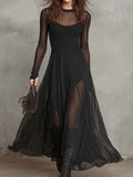  MQTIME  -  Women's O Neck Mesh Patchwork Maxi Dress Long Sleeve Solid Sexy Chic Party Dress for Spring Autumn Holiday Fashion Ladies Dress