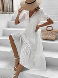 MQTIME  -  New Lace White Dress V Neck Button Up Midi Length Elegant Dress Hollow Out High Waist Party Vestidos Summer Dresses
