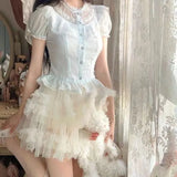 MQTIME  -  Sweet Japanese Summer Spliced O Neck Short Sleeve Thin Shirts Y2k Aesthetic Single Breasted All Match Blouse Cue Korean Tops