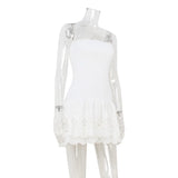  MQTIME  -  Women Summer Strapless Slim Fit Casual Mini Short Dresses Embroidery Hollow Out Ruffles Hem Cute Streetwear Dress