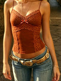 MQTIME  -  French Temperament V Neck Spaghetti Strap Sleeveless Slim Lace Patchwork Camis