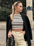 MQTIME  -  Vintage Women Striped Short Tshirts Fashion Ladies Slim Knitted Crop Tops for Womens Casual Tees Female Clothes Chic